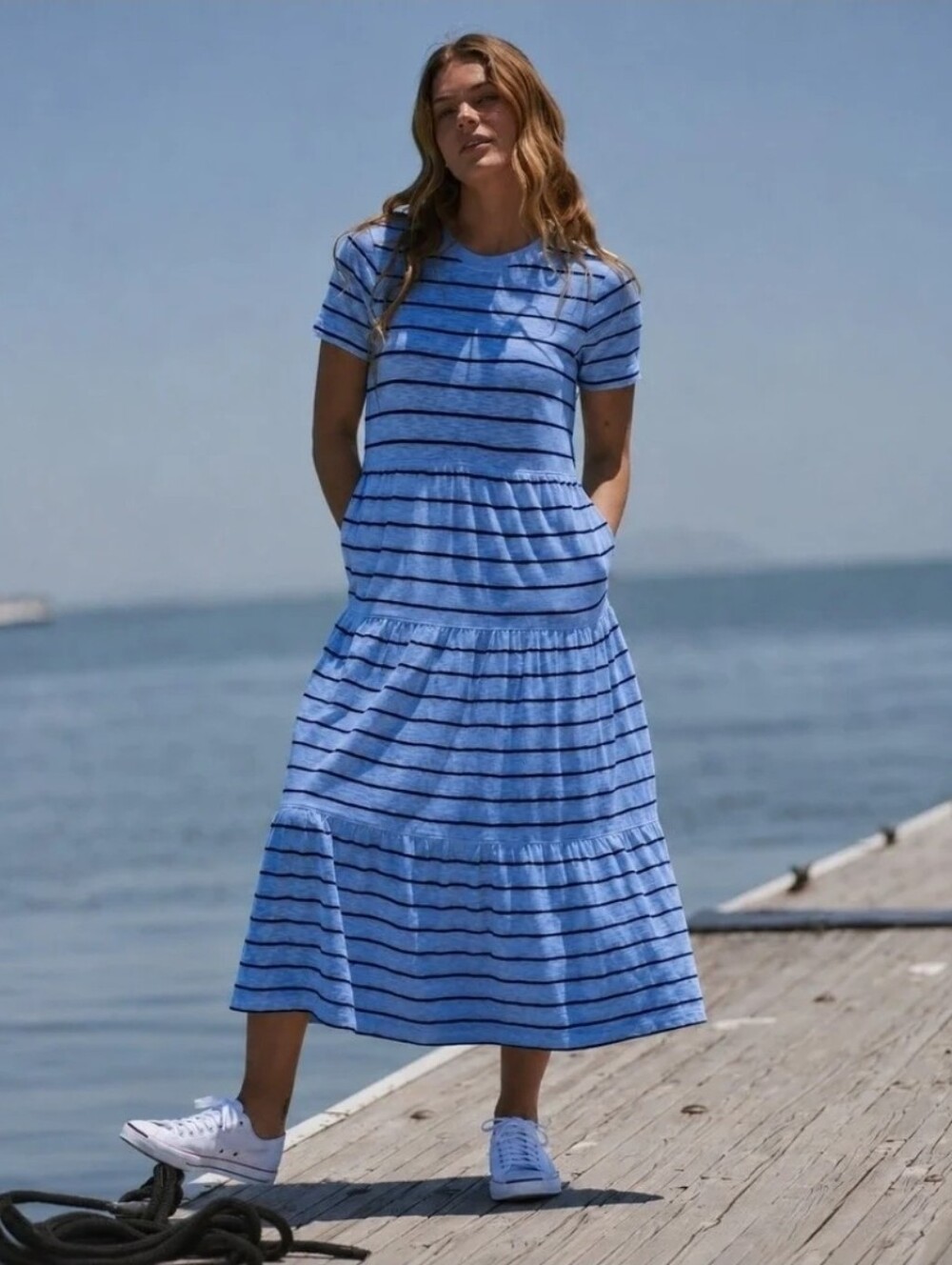Marine Layer Luxe Stripe Sueded Cotton Tiered Midi Dress Size Small